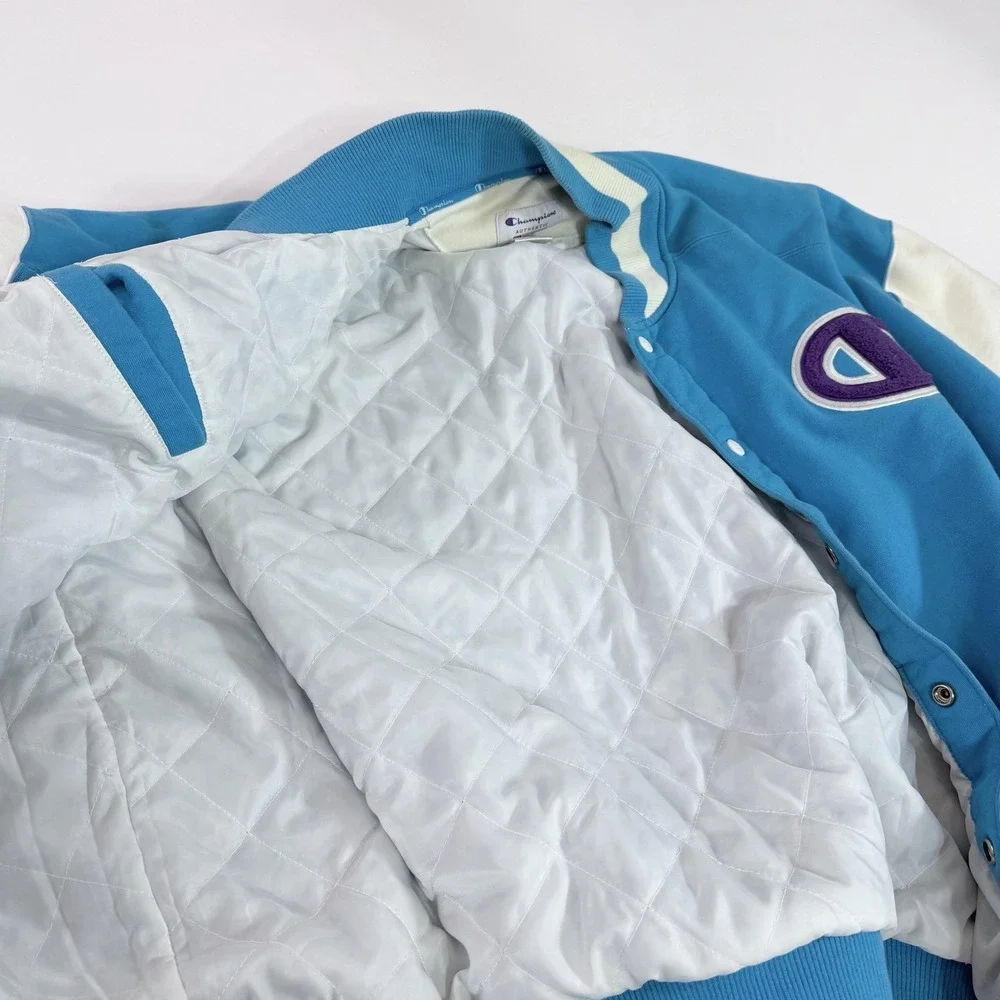 Champion Jacket Mens 3XL Blue White Varsity Letterman Snap Quilted Lined Fleece
